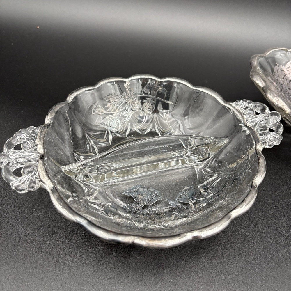 Set Silver City Glass Flanders Poppy Divided Relish & 11" Oval Dish Silver Leaf - Picture 2 of 14